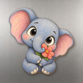 Flower Elephant wood magnet M225 on a stainless steel fridge, made in USA