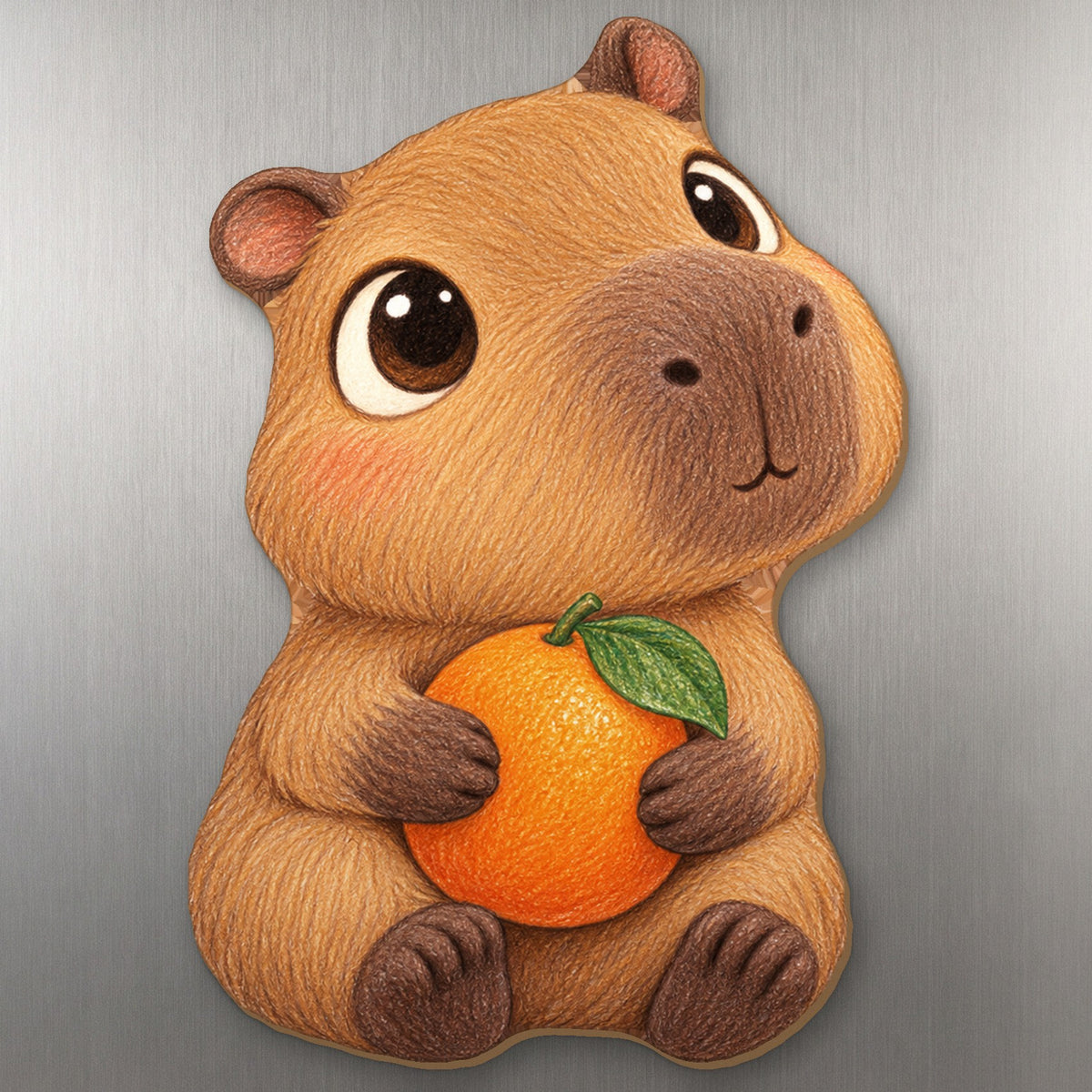 Orange Capybara wood magnet M227 on a stainless steel fridge, made in USA