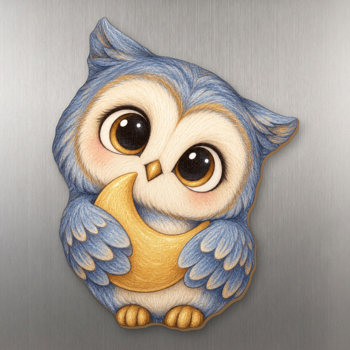 Moon Owl wood magnet M229 on a stainless steel fridge, made in USA
