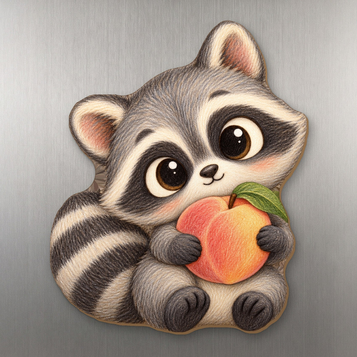 Peach Raccoon wood magnet M230 on a stainless steel fridge, made in USA