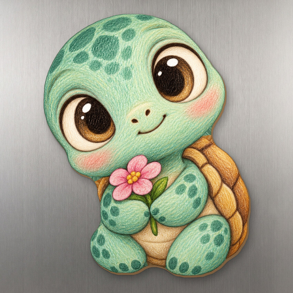 Flower Turtle wood magnet M232 on a stainless steel fridge, made in USA