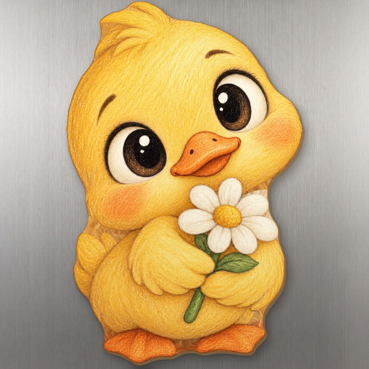 Sunny Duck wood magnet M234 on a stainless steel fridge, made in USA