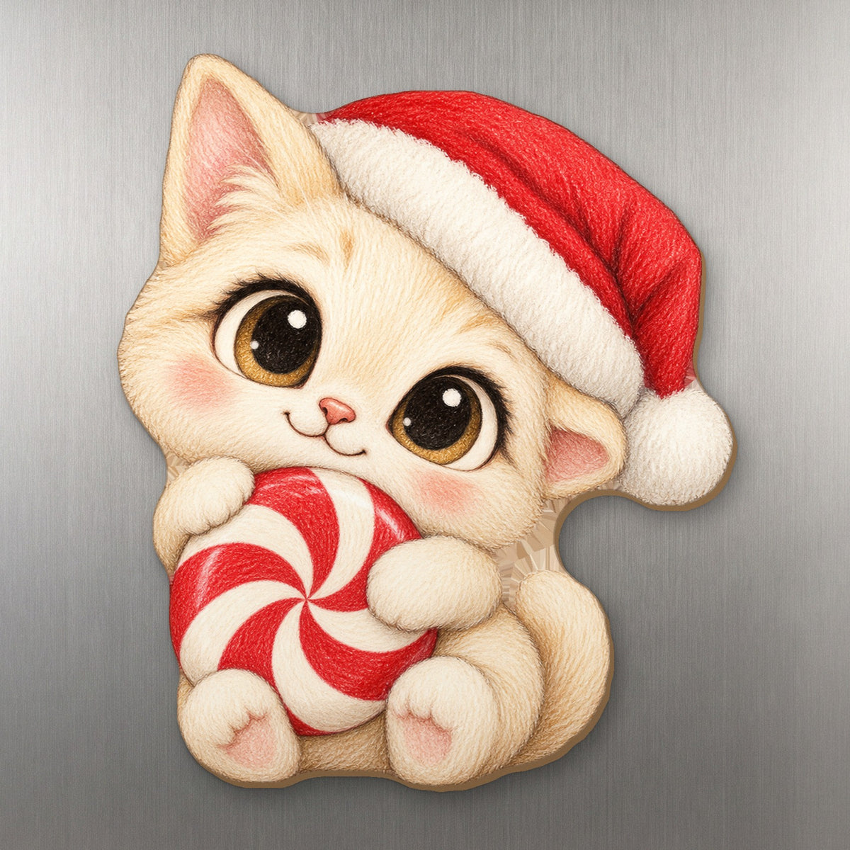 Peppermint Kitten wood magnet M235 on a stainless steel fridge, made in USA