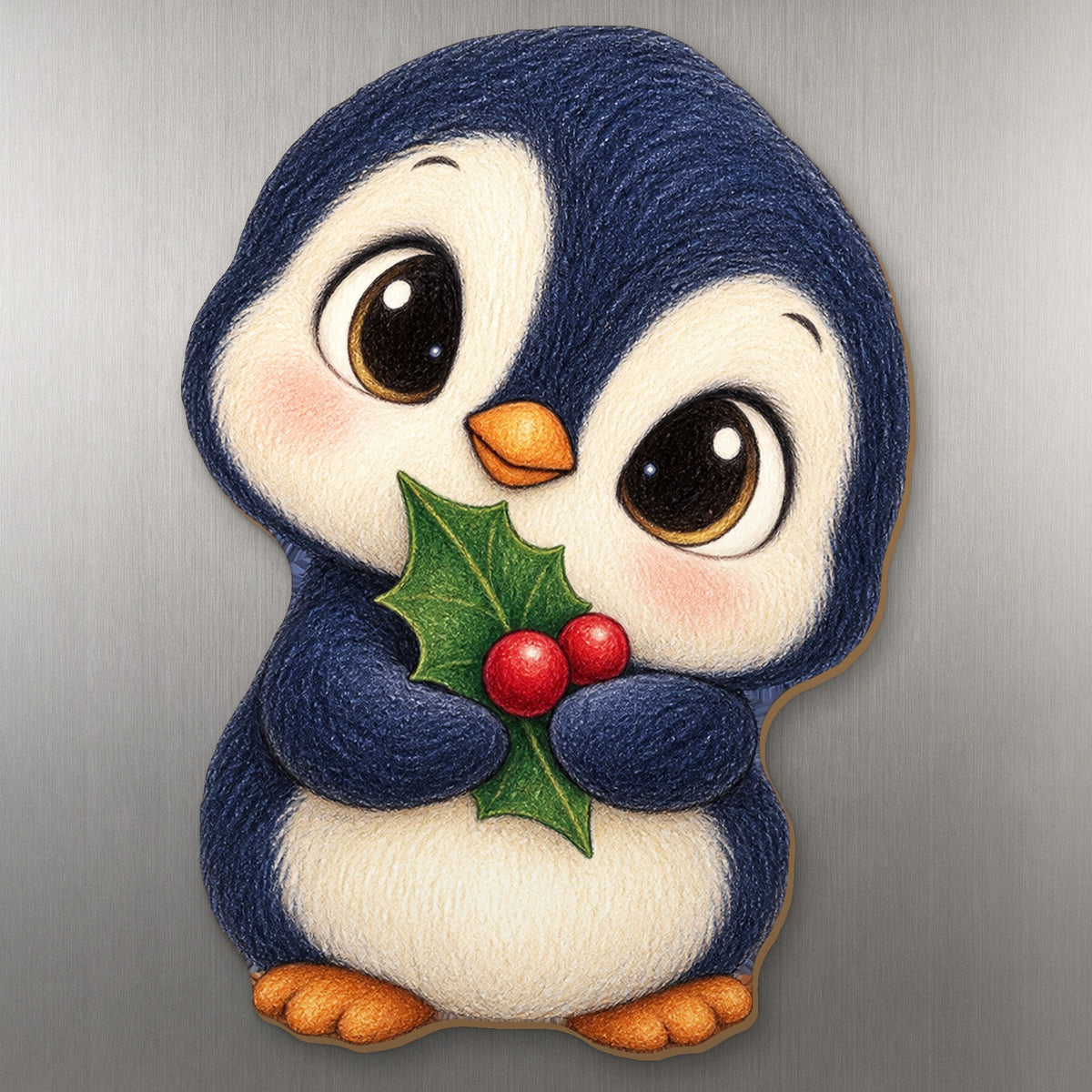 Holly Penguin wood magnet M238 on a stainless steel fridge, made in USA
