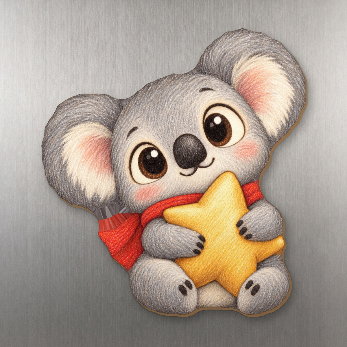 Star Koala wood magnet M242 on a stainless steel fridge, made in USA