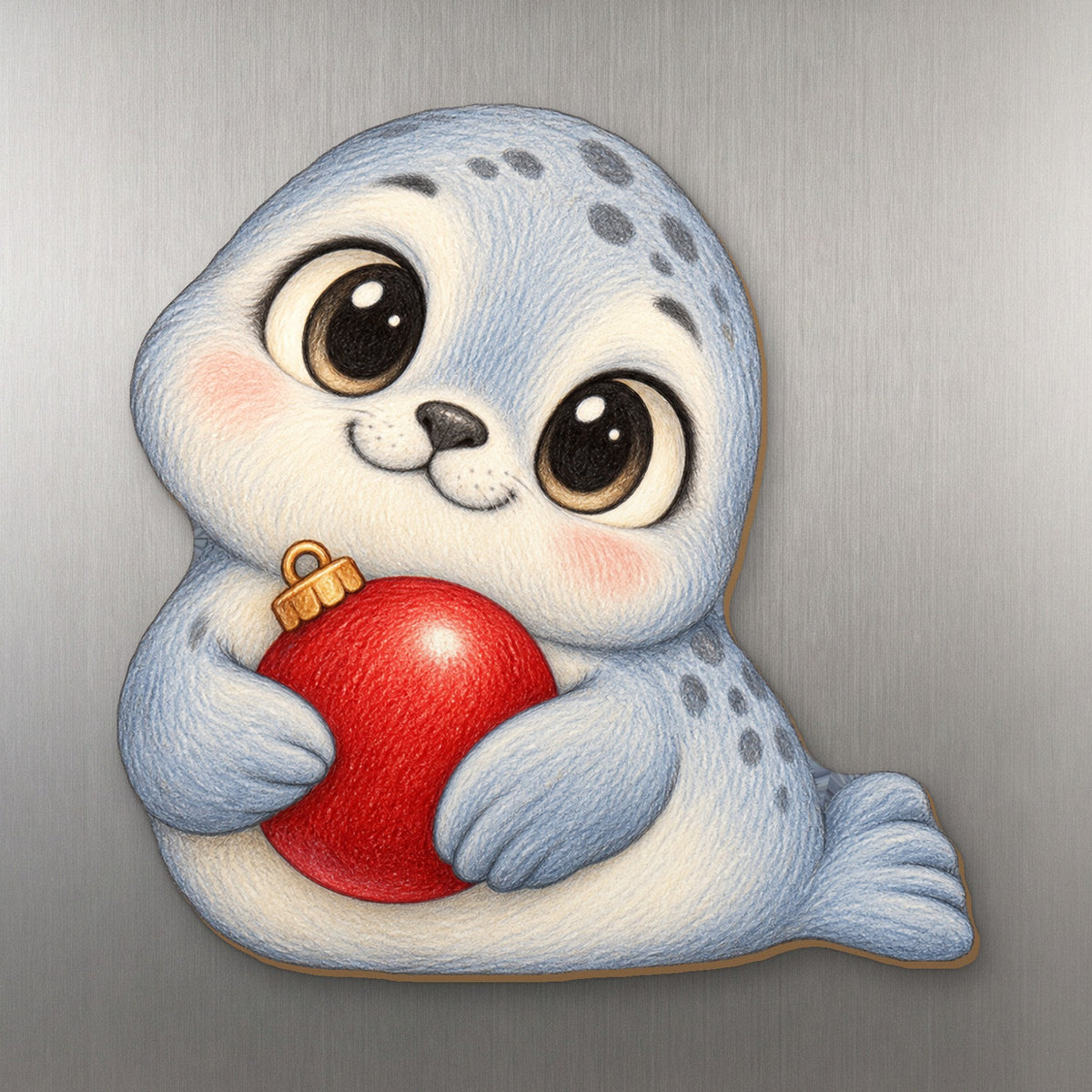 Snowy Seal wood magnet M243 on a stainless steel fridge, made in USA