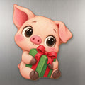 Merry Piglet wood magnet M245 on a stainless steel fridge, made in USA