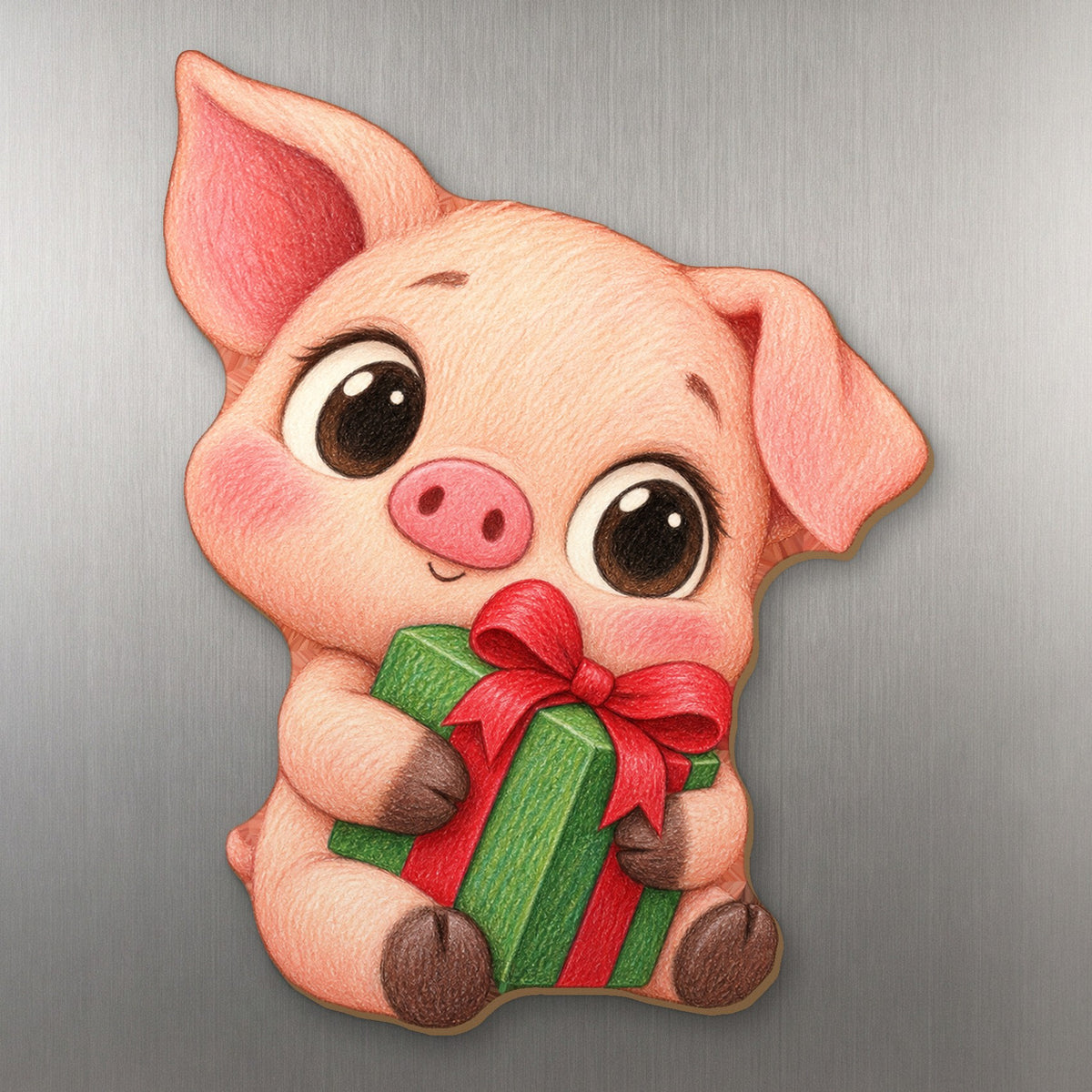 Merry Piglet wood magnet M245 on a stainless steel fridge, made in USA