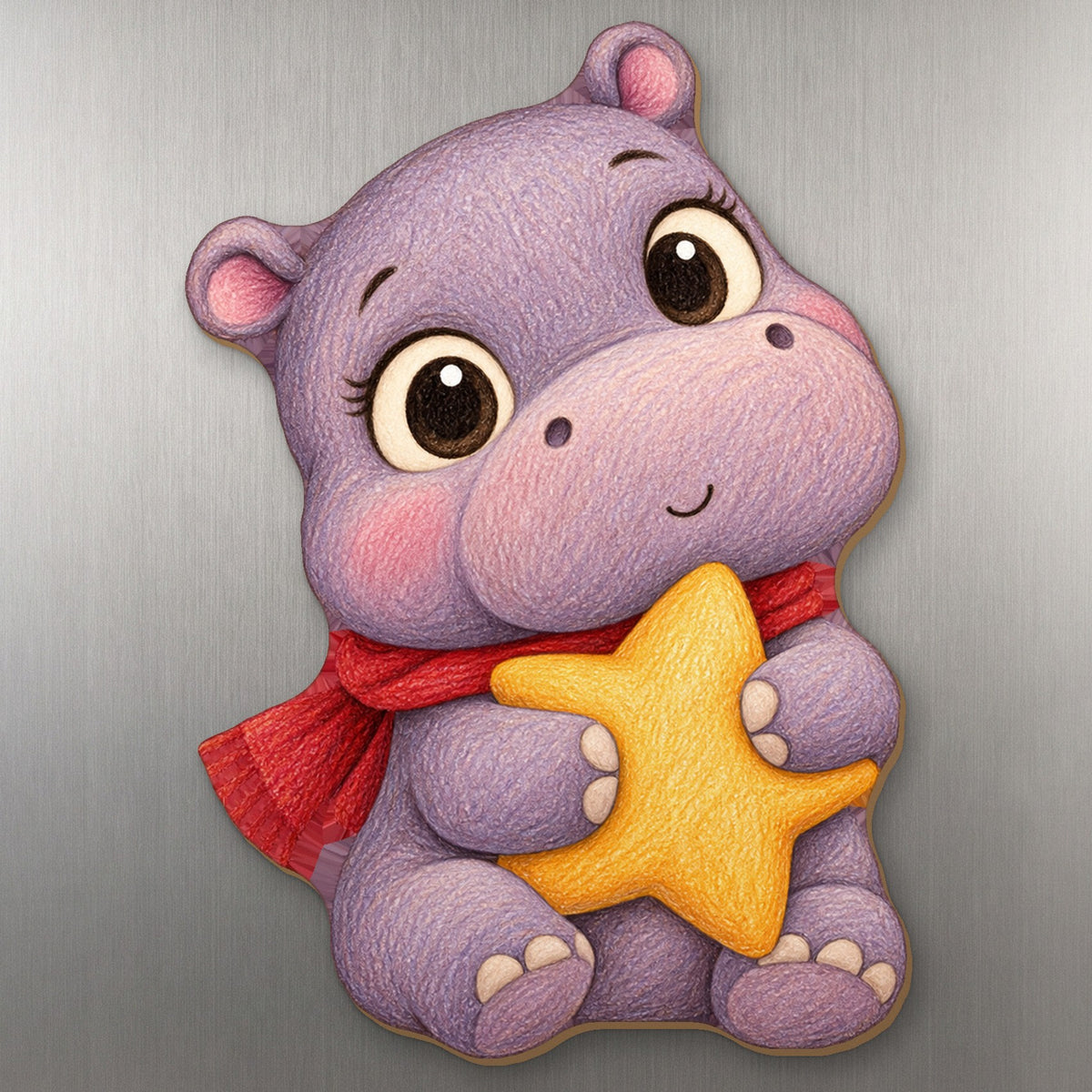 Festive Hippo wood magnet M247 on a stainless steel fridge, made in USA