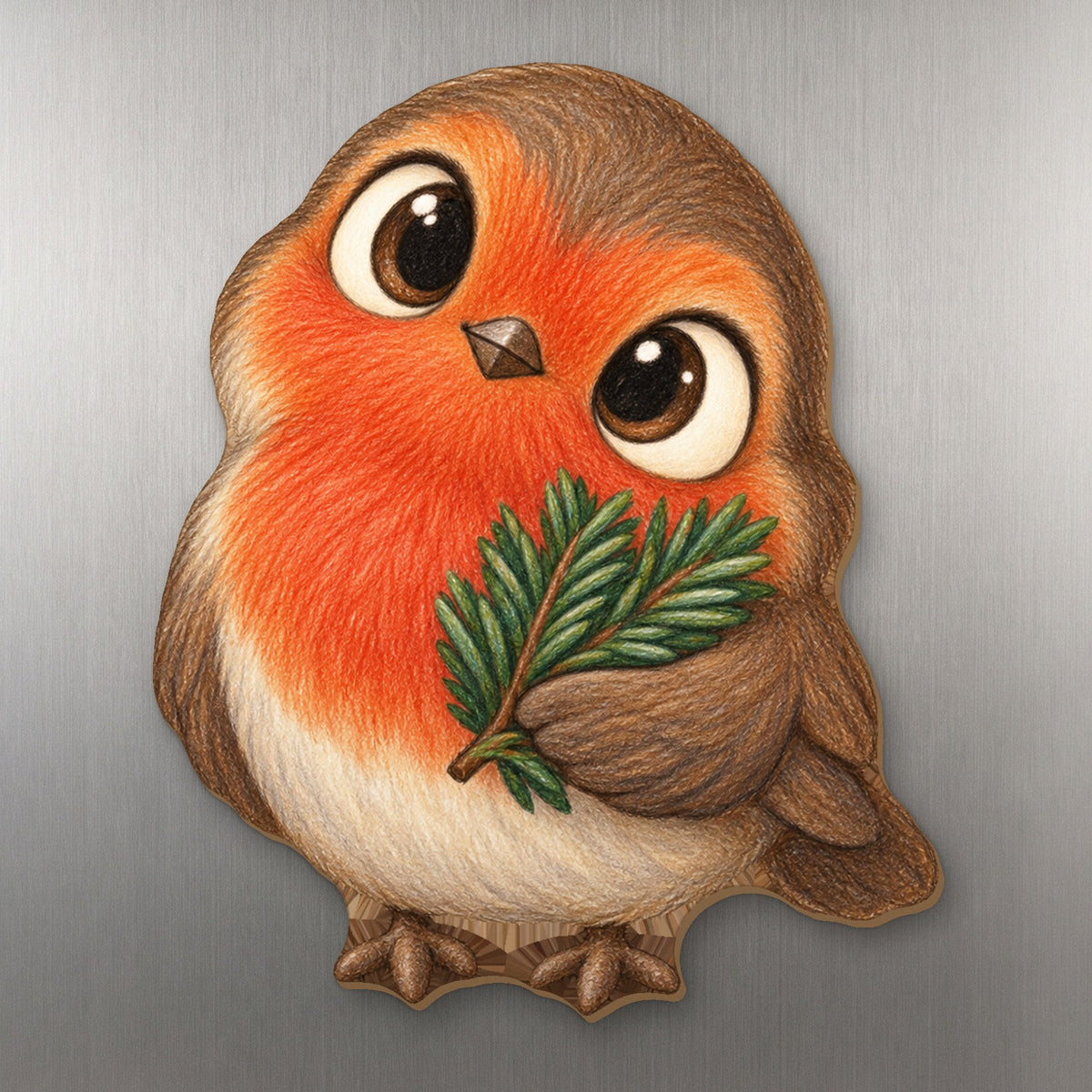 Winter Robin wood magnet M248 on a stainless steel fridge, made in USA