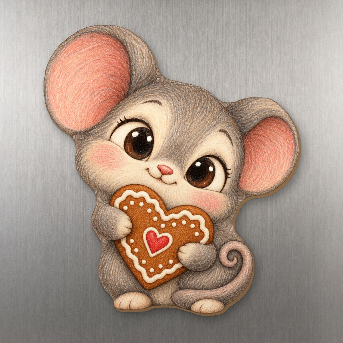 Cookie Mouse wood magnet M249 on a stainless steel fridge, made in USA