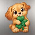 Clover Puppy wood magnet M250 on a stainless steel fridge, made in USA