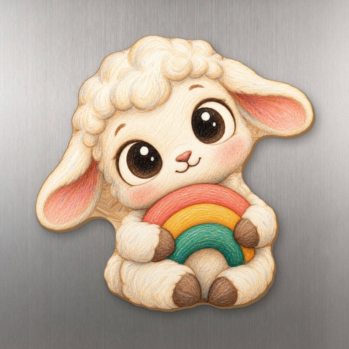 Rainbow Lamb wood magnet M255 on a stainless steel fridge, made in USA
