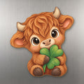 Lucky Highland Cow wood magnet M256 on a stainless steel fridge, made in USA