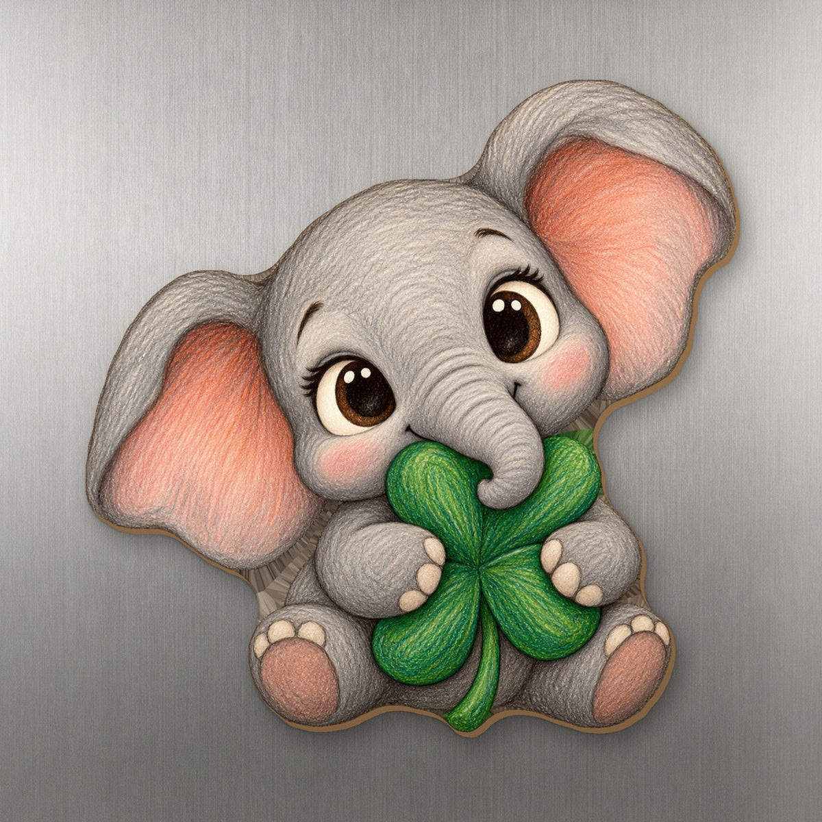 Shamrock Elephant wood magnet M257 on a stainless steel fridge, made in USA