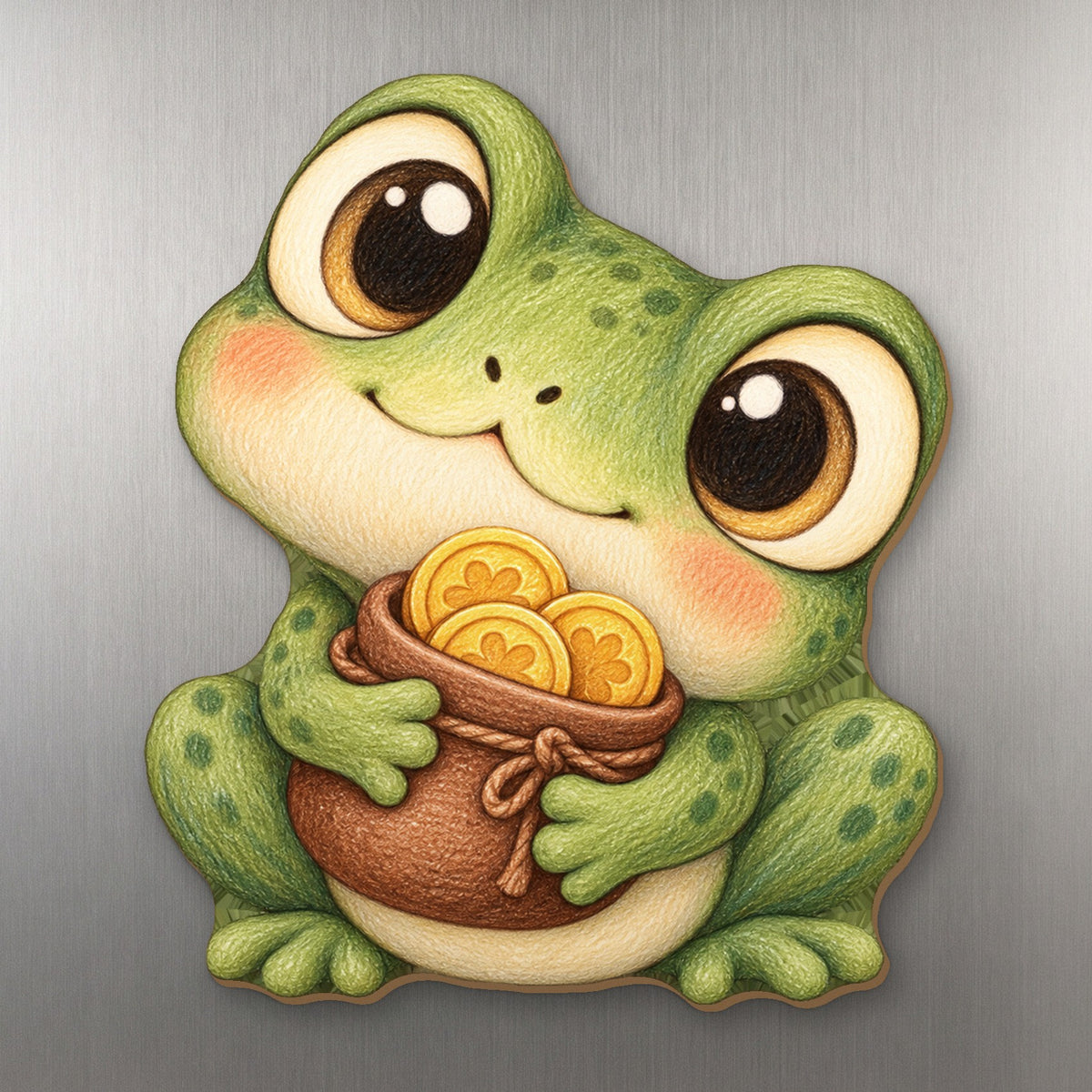 Golden Frog wood magnet M259 on a stainless steel fridge, made in USA