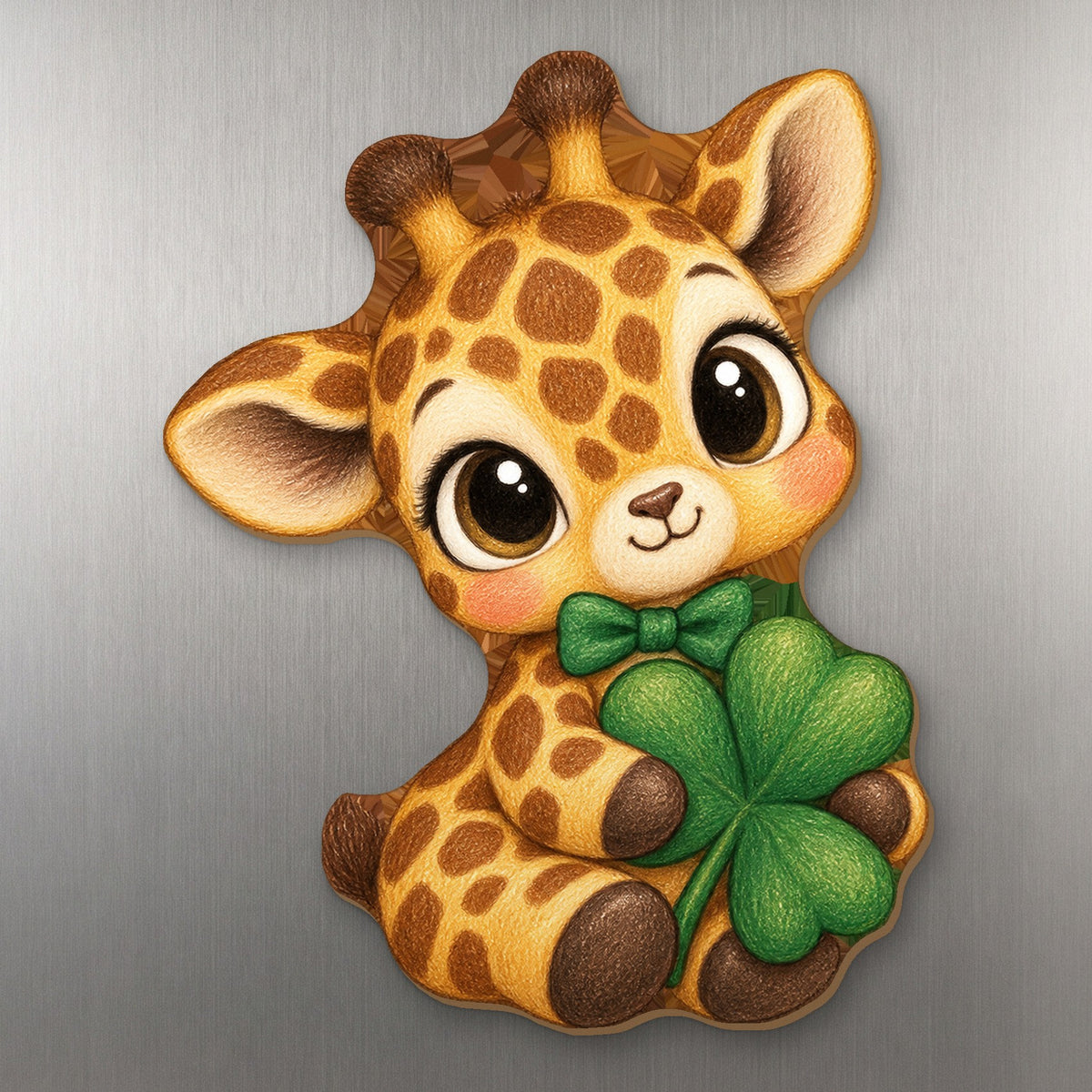 Lucky Giraffe wood magnet M260 on a stainless steel fridge, made in USA