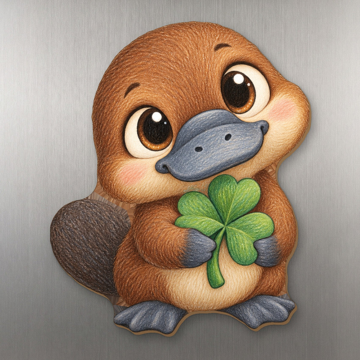 Clover Platypus wood magnet M261 on a stainless steel fridge, made in USA