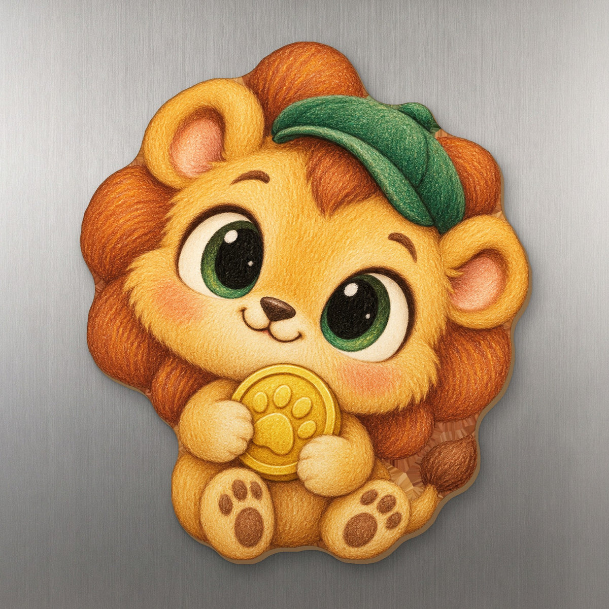 Lucky Lion wood magnet M262 on a stainless steel fridge, made in USA