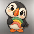 Lucky Puffin wood magnet M264 on a stainless steel fridge, made in USA