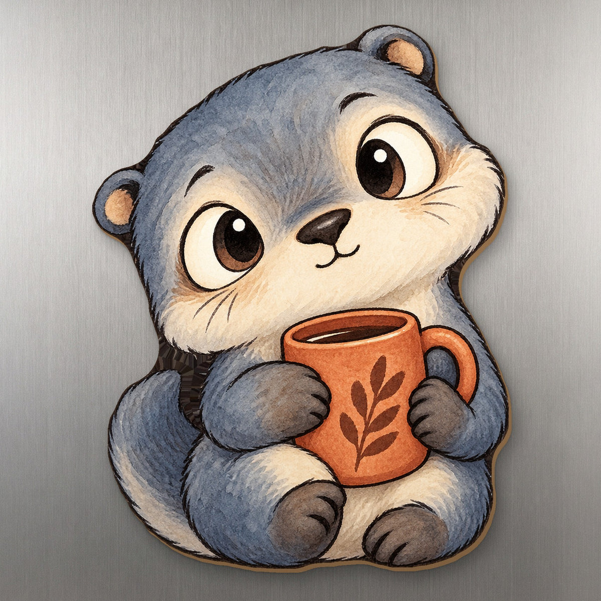 Mug Otter wood magnet M265 on a stainless steel fridge, made in USA