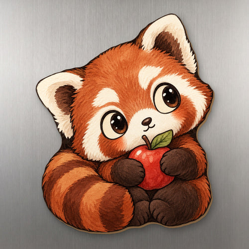 Apple of My Eye Red Panda wood magnet M267 on a stainless steel fridge, made in USA