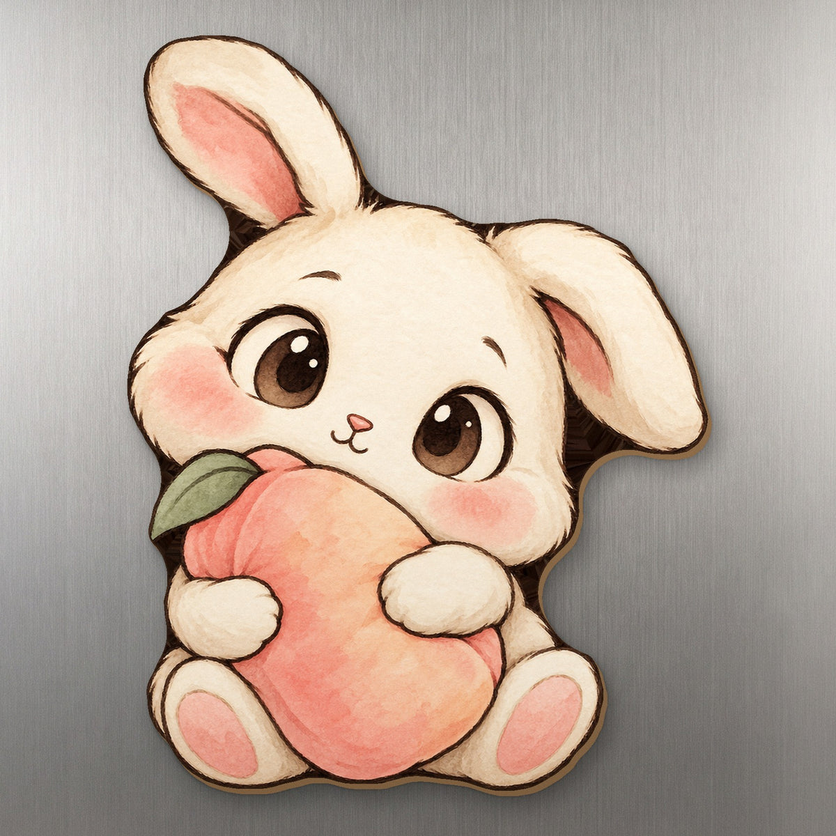 Peach Bunny wood magnet M269 on a stainless steel fridge, made in USA