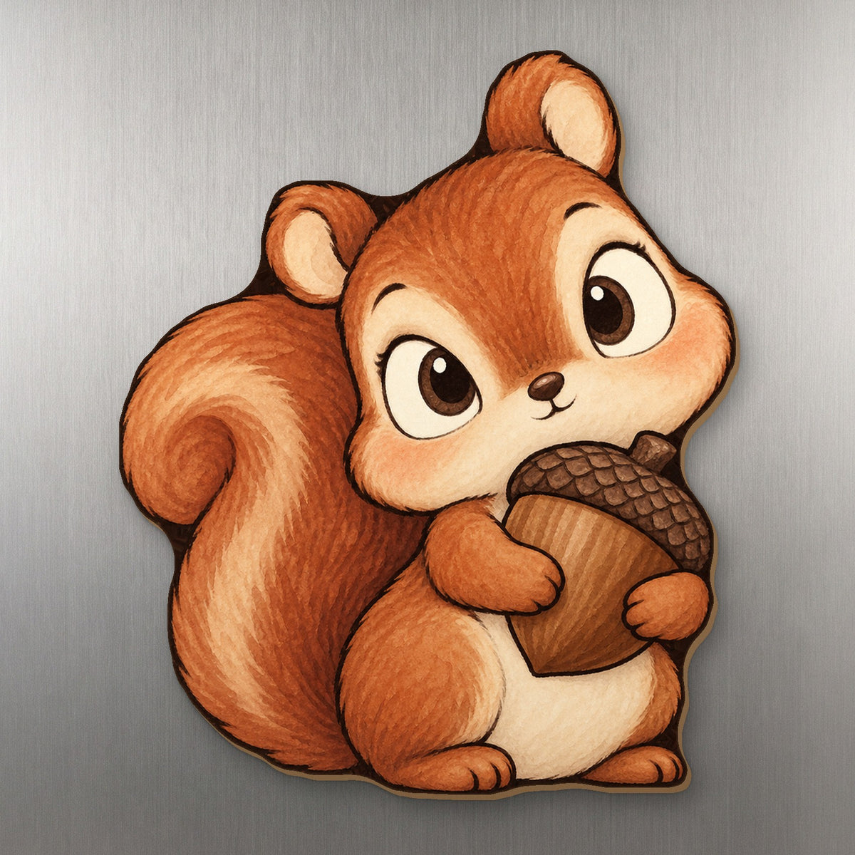 Acorn Squirrel wood magnet M271 on a stainless steel fridge, made in USA
