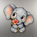 Flower Elephant wood magnet M272 on a stainless steel fridge, made in USA