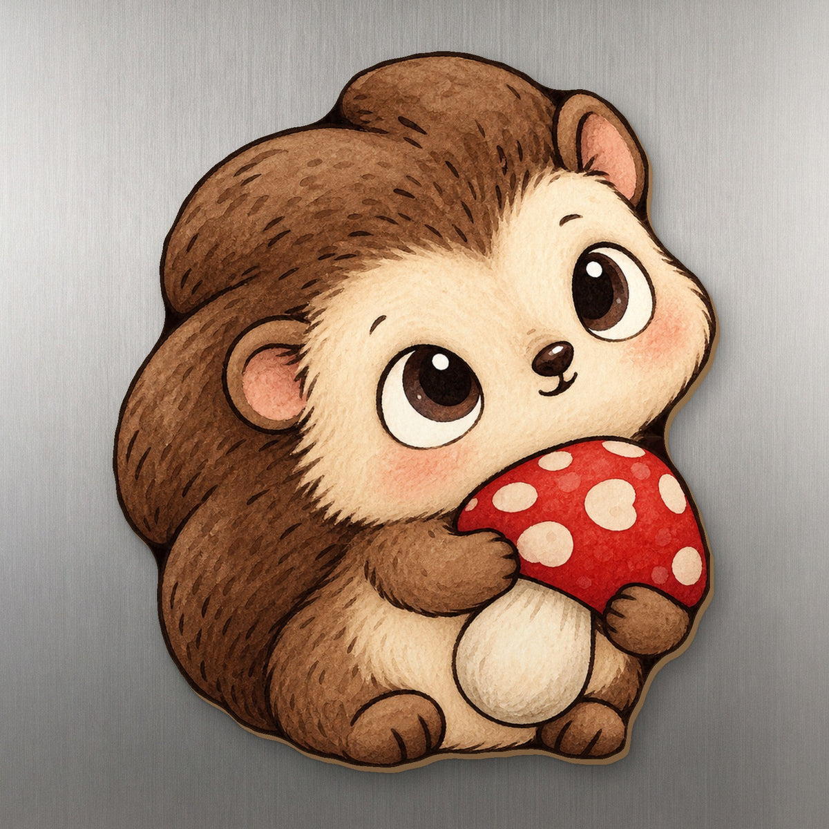 Mushroom Hedgehog wood magnet M275 on a stainless steel fridge, made in USA