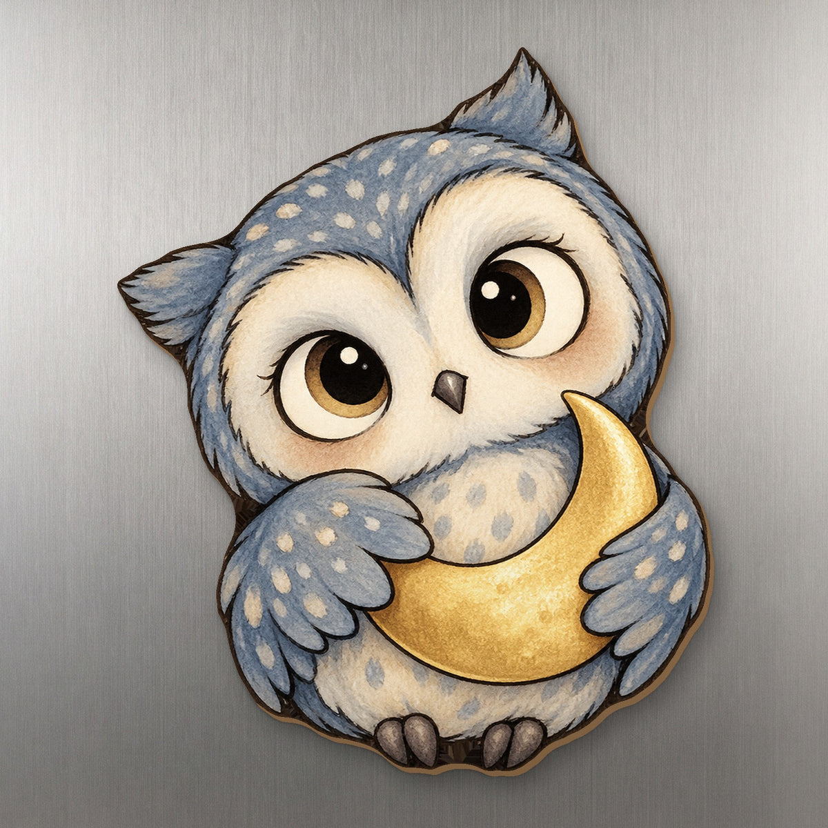 Moon Owl wood magnet M276 on a stainless steel fridge, made in USA