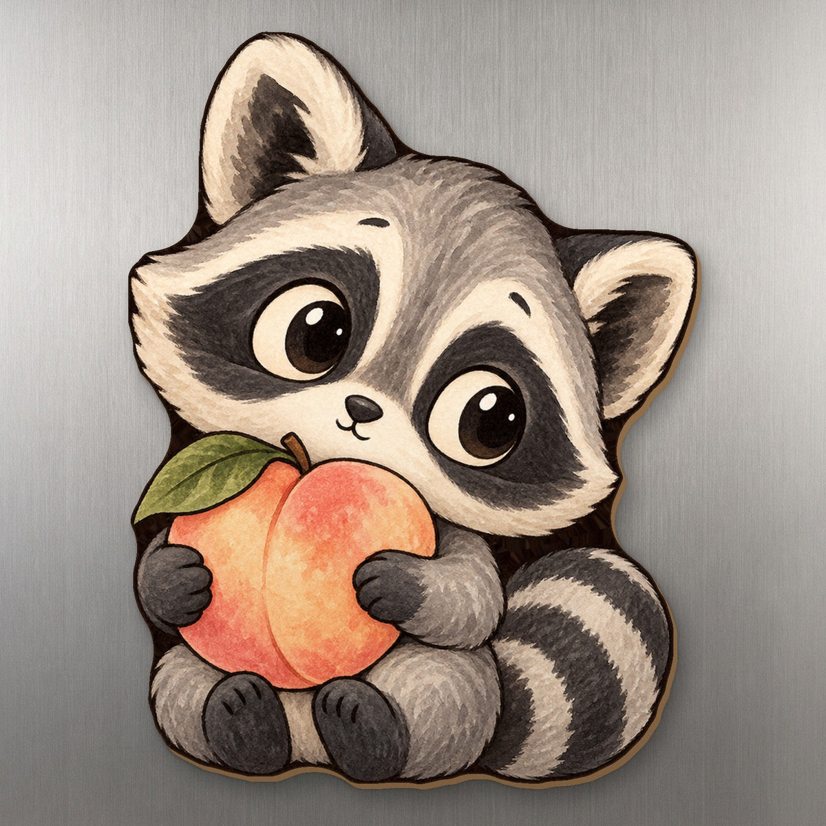Peach Raccoon wood magnet M277 on a stainless steel fridge, made in USA