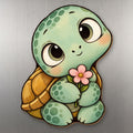 Flower Turtle wood magnet M279 on a stainless steel fridge, made in USA