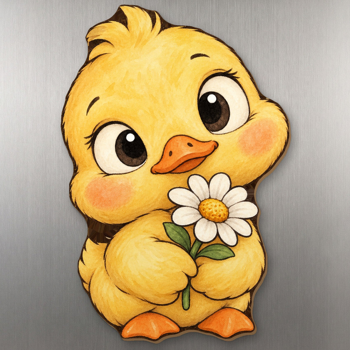 Sunny Duck wood magnet M281 on a stainless steel fridge, made in USA