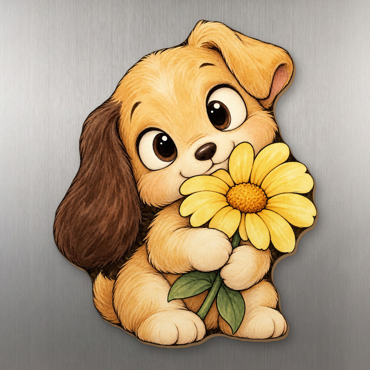 Daisy Puppy wood magnet M282 on a stainless steel fridge, made in USA