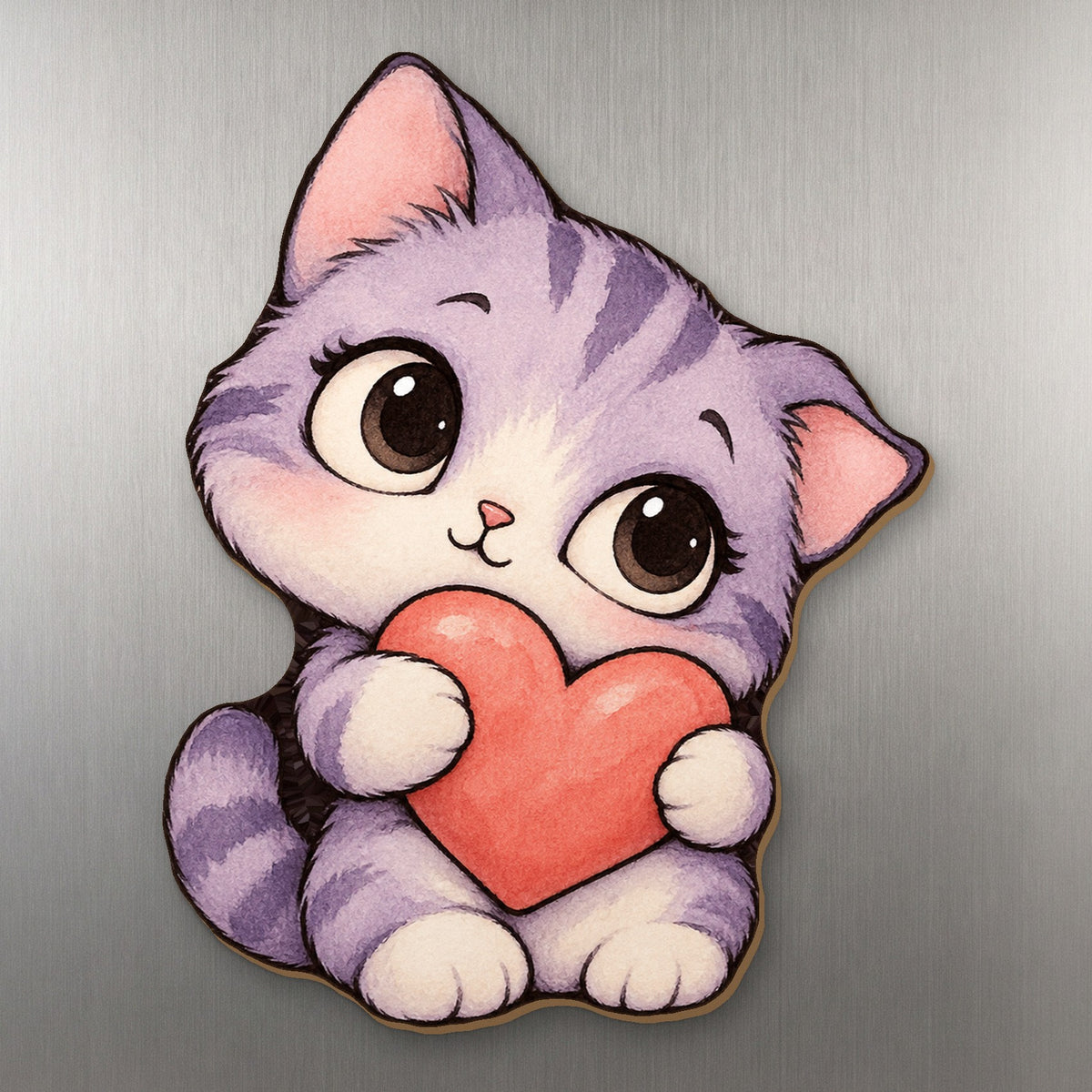 Heart Kitten wood magnet M283 on a stainless steel fridge, made in USA
