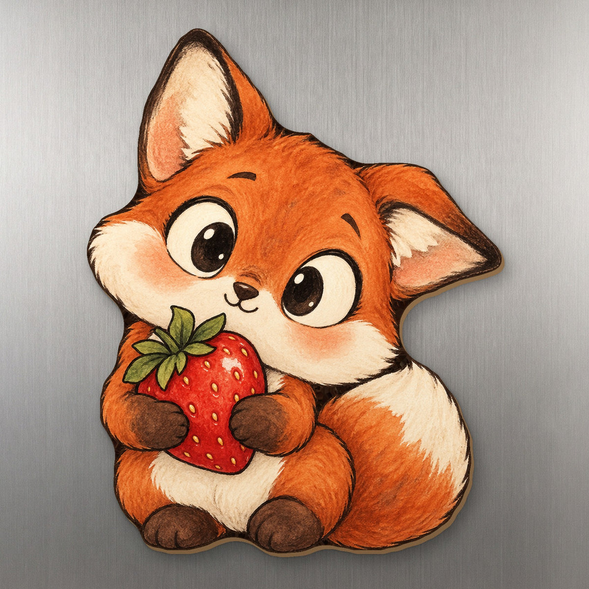 Berry Fox wood magnet M284 on a stainless steel fridge, made in USA