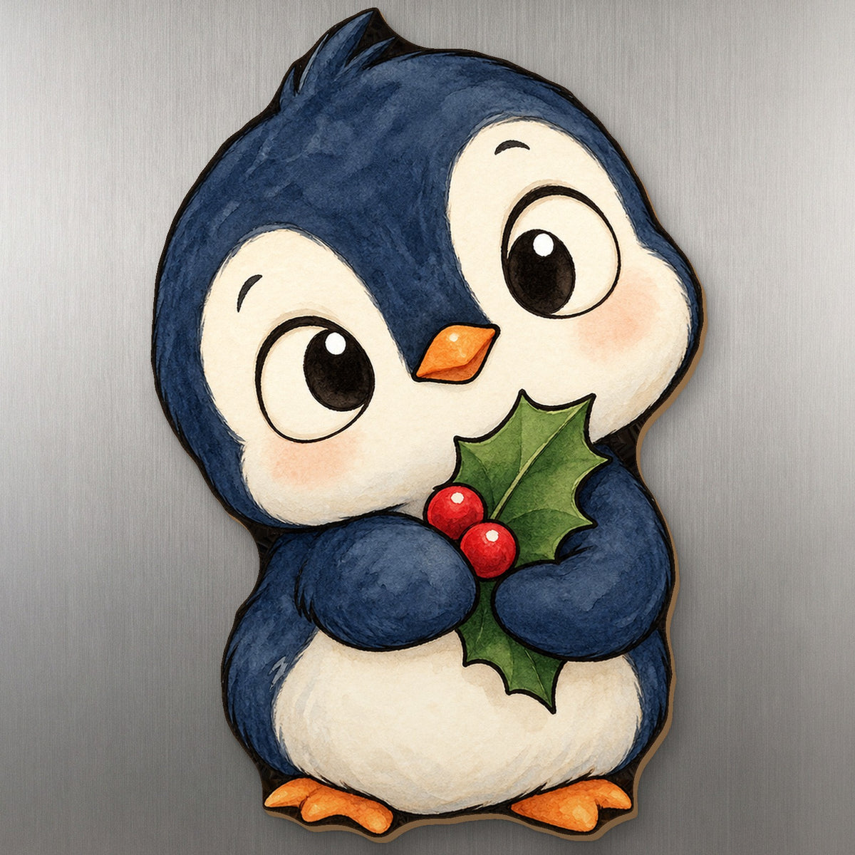 Holly Penguin wood magnet M285 on a stainless steel fridge, made in USA