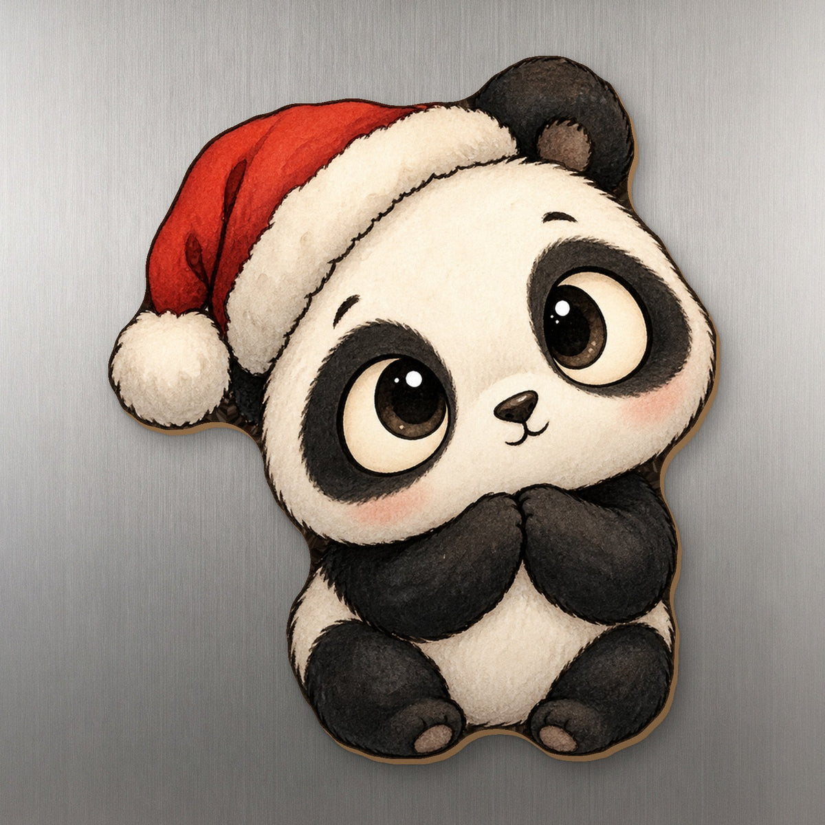 Santa Panda wood magnet M286 on a stainless steel fridge, made in USA