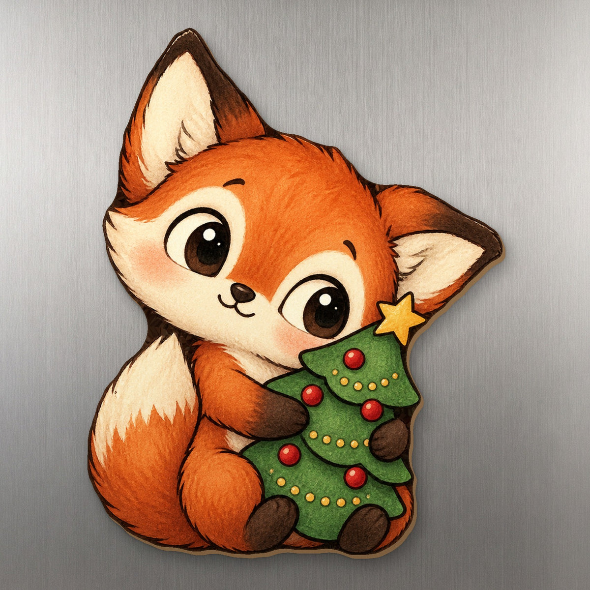 Tree Fox wood magnet M288 on a stainless steel fridge, made in USA