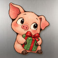 Merry Piglet wood magnet M292 on a stainless steel fridge, made in USA
