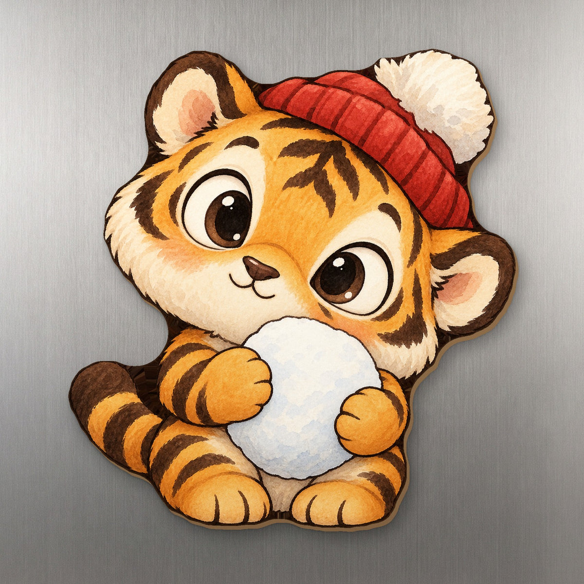 Snow Tiger wood magnet M293 on a stainless steel fridge, made in USA