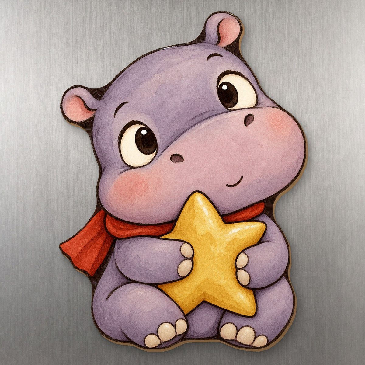 Festive Hippo wood magnet M294 on a stainless steel fridge, made in USA
