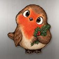 Winter Robin wood magnet M295 on a stainless steel fridge, made in USA