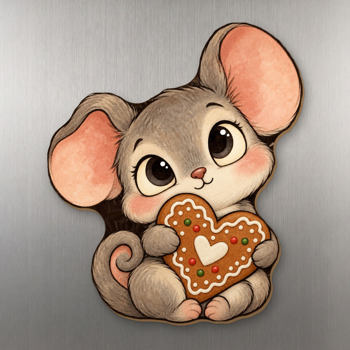 Cookie Mouse wood magnet M296 on a stainless steel fridge, made in USA