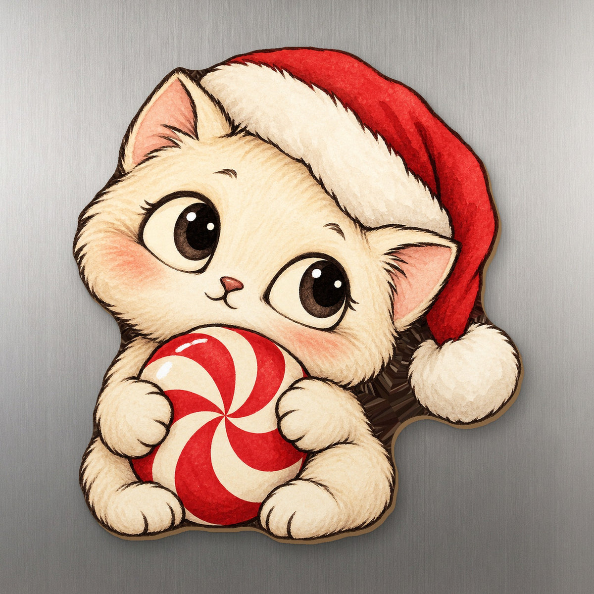 Peppermint Kitten wood magnet M297 on a stainless steel fridge, made in USA