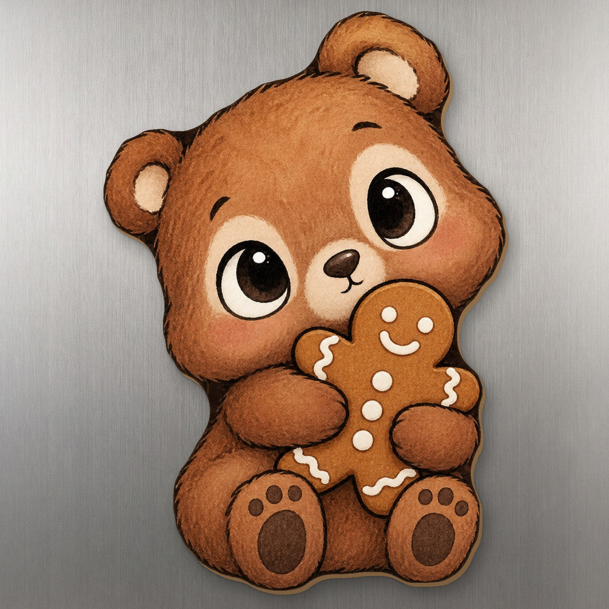 Cookie Bear wood magnet M298 on a stainless steel fridge, made in USA