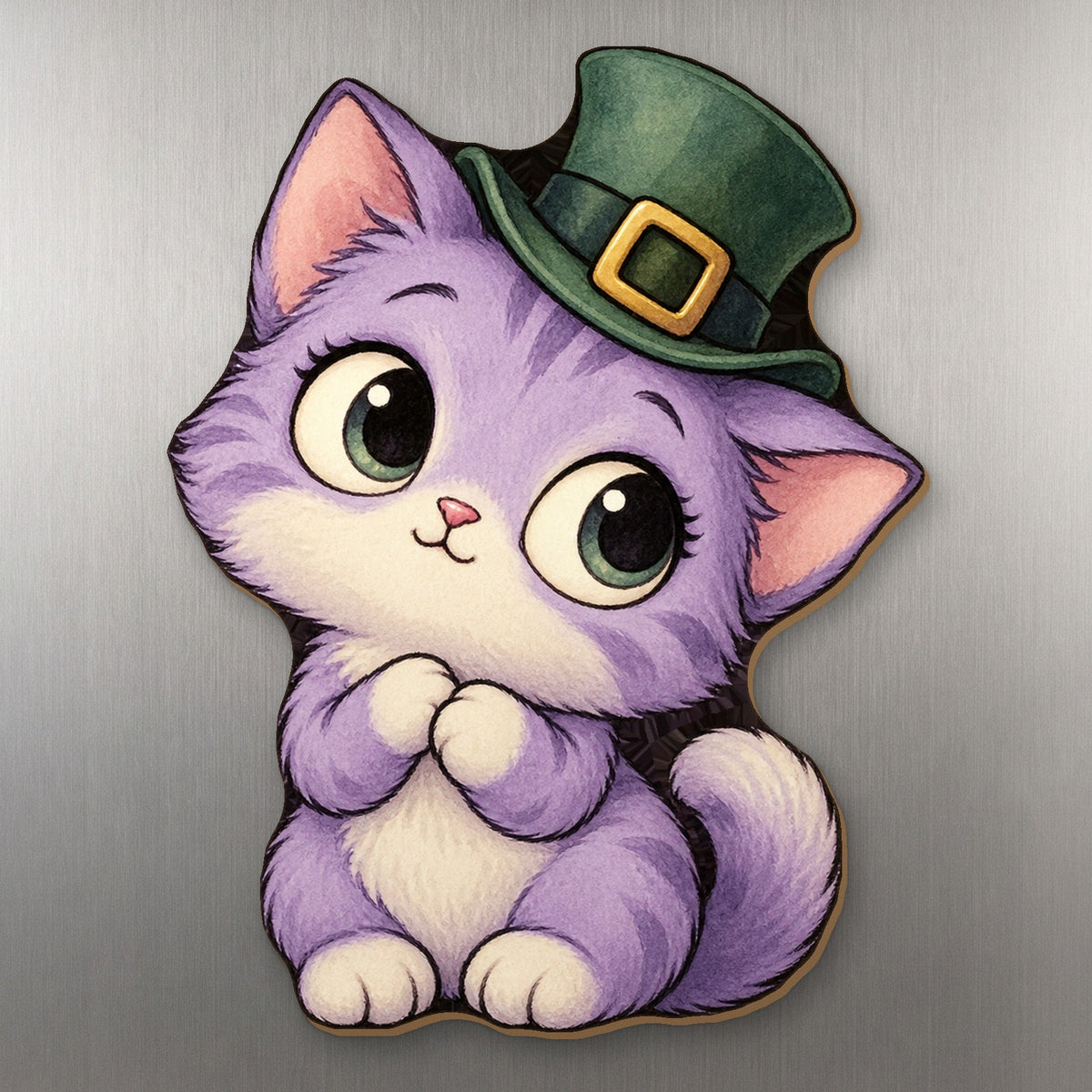 Lucky Kitty wood magnet M301 on a stainless steel fridge, made in USA