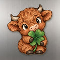 Lucky Highland Cow wood magnet M303 on a stainless steel fridge, made in USA
