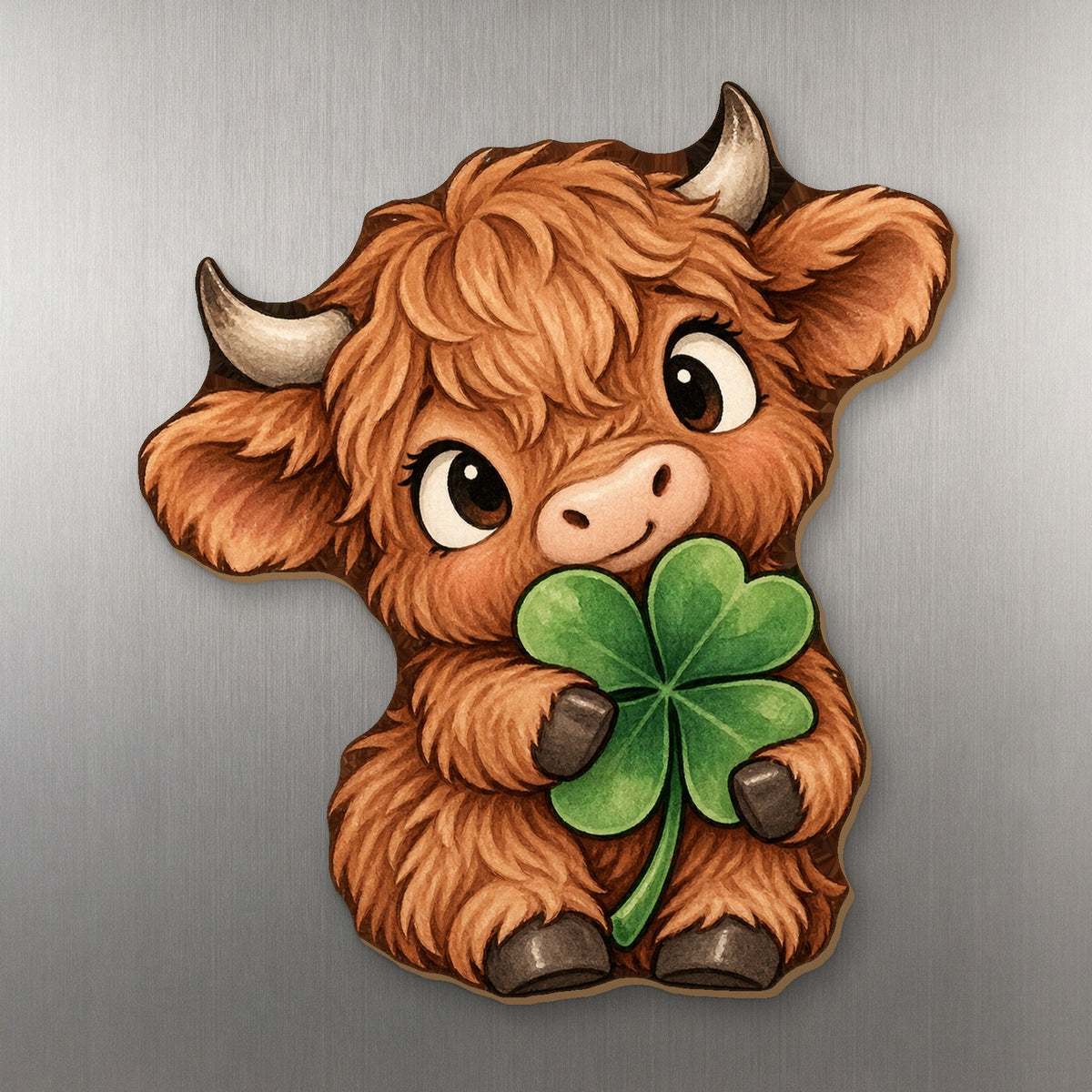 Lucky Highland Cow wood magnet M303 on a stainless steel fridge, made in USA